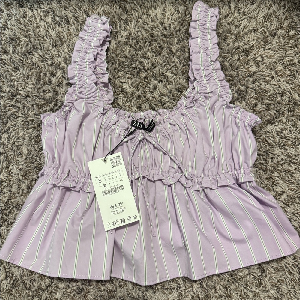 NWT Zara Lavender Striped Ruffle Blouse